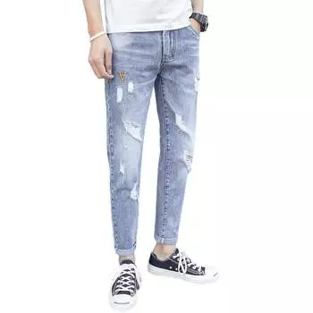 New Summer Ripped Jeans Men s Fashionable Embroidered Cropped Pants Men s Versatile Casual Small 27