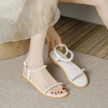 Новые летние босоножки для женщин. Туфли с открытым носком и пряжкой в одну линию. Низкий каблук. Мягкая подошва, нескользящая, износостойкая женская обувь. 35 грязно-белый
