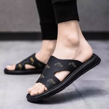 New Summer Sandals Outdoor Men Shoes PU Solid Color Fashion Casual Beach Pool Daily Classic One Word Open Toe Slippers Size 3945 38-39