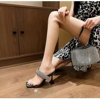 Новый летний сексуальный цельный купальник с прозрачными босоножками с квадратным носком и открытым носком, босоножки-стилетто на высоком каблуке со стразами для женщин 37