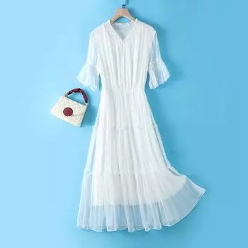 New Summer Silk Bohemian Long Dress with Wood Ear Trim and Slim Waist Small