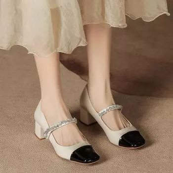 New summer small leather shoes women s college style versatile fashion one-pedal shallow mouth square head single shoes women s shoes 34