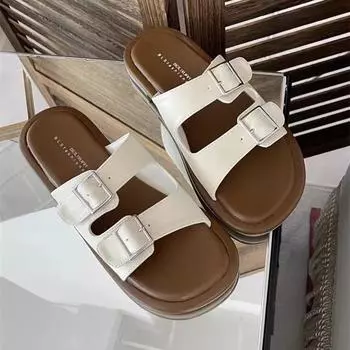 New Summer Solid Color Buckle Flat Bottom Women s Slippers for Outdoor Wear Home Women Slippers Retro Casual Temperament Sandals 35