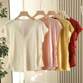 Новый летний стиль шерстяной кардиган тонкий V-образный вырез обычный свитер женский трикотаж M