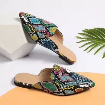 New summer wind fashion single shoes snake pattern flat bottom pointed head large size bag head half drag 35 чёрный