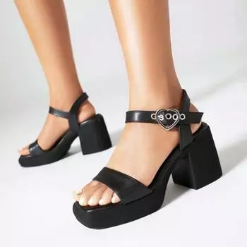 NEW Summer Woman Sandals Cow Leather Women Shoes Square Toe Super High Heels Solid Chunky Heels Beige Platform Sandals for Women 35 чёрный