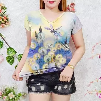 New Summer Women Floral Painting T-shirt Fashion V-Neck Tops Tees Female Casual Short Sleeve Clothing Ladies Stylish Streetwear S