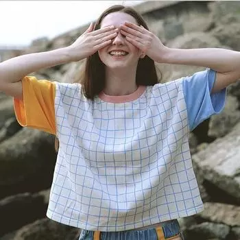 Новые летние женские клетчатые футболки с вышивкой букв, модные рубашки в стиле пэчворк, повседневные хлопковые топы с короткими рукавами S