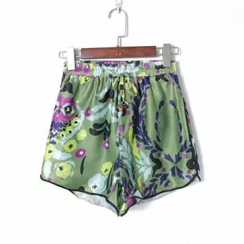 New Summer Women s Clothing Fashion K-style Retro Print Hot Pants Elastic High Waist Lace-up Loose Slimming and All-Matching Shorts Green XS