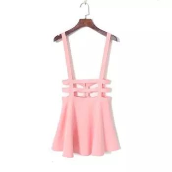 New Summer Women s Clothing Fashion Style Pure Color Personality Hollow out Mesh A- line Strap Dress High Waist Slimming Skirt Pink L