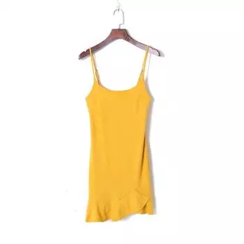 New Summer Women s Fresh Vacation Style Pure Color Sexy Low Collar Backless Slim Fit Slimming Flounce Suspender Skirt Yellow M