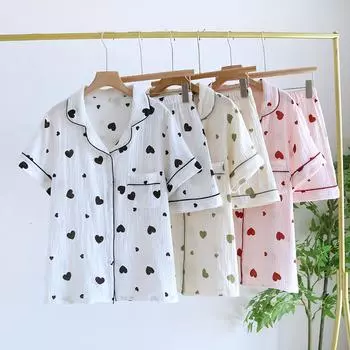 Новый летний женский пижамный комплект из 100% хлопкового крепа с короткими рукавами, шорты, комплект из двух предметов Love Cute Sweet Home Thin Style Women M белый