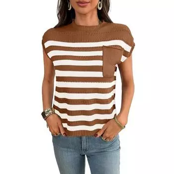 New Summer Women s Round-neck Top and Thick-knit Casual Striped Sweater S хаки