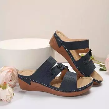 New summer women s wedge heel platform sandals solid color word with wedge heel beach shoes fashionable flower decoration 36 тёмно-синий