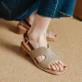 Новые летние женские босоножки из натуральной кожи, женские туфли с открытым носком, босоножки на каблуке-лодочке, бежевые гладиаторские туфли на толстом каблуке 34 хаки