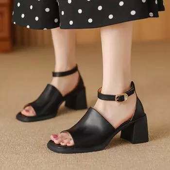 New Summer Women Sandals Genuine Leather Shoes for Women Open Toe Slingback Shoes Round Toe Chunky Heel Beige Gladiator Shoes 34 чёрный