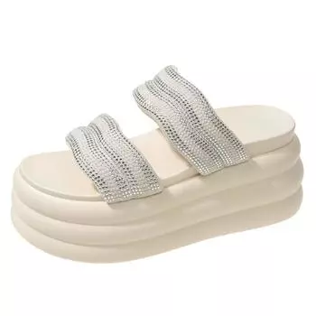 New Summer Women Slippers 2024 High Platform Wedges Sandals 8.5CM Heels Outside Flip-Flops Fashion Bling Women Chunky Sneakers 34 бежевый