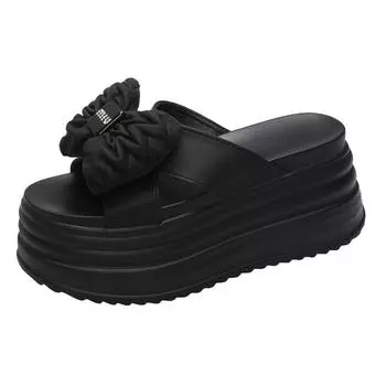 New Summer Women Slippers 2024 Thick Sole Dad Shoes Casual Platform Butterfly knot Beach Leisure Sandals Sneakers Woman 8CM 34 чёрный