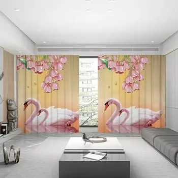 New Swan Cherry Blossom Sunflower Flower High Blackout Curtain Girls Bedroom Living Room Thick Shading Drape New Style Curtains W55 X H120cm X 2&HOOK