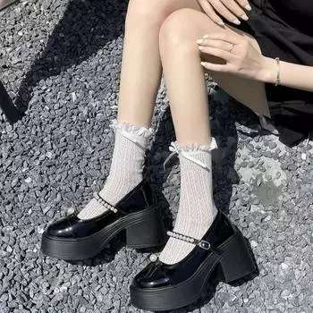 New Sweet Heart Shape Buckle Lolita Shoes Women s Patent Leather Thick Sole Mary Jane Shoes Women s Metal Decorated High Heels 35