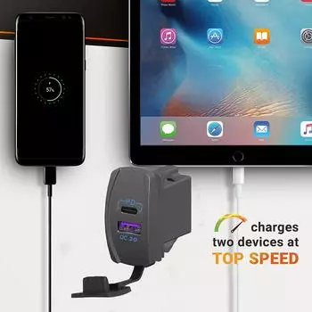 New Switch TYPE QC3.0+PD Mobile Phone Fast Charge 12V-24V Car Charge Type-C Port 45W High Power for Motorcycle Boat Marine RV красный