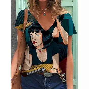 Новая футболка женская Y2k принт женская одежда топ летняя женская футболка с V-образным вырезом и короткими рукавами модная уличная одежда хип-хоп рубашка 5xl S