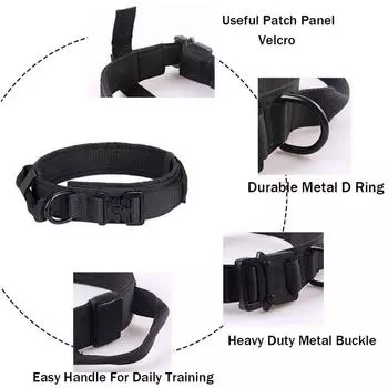 New Tactical Dog Collar & Leash Set with Control Handle and Metal Buckle (Black)