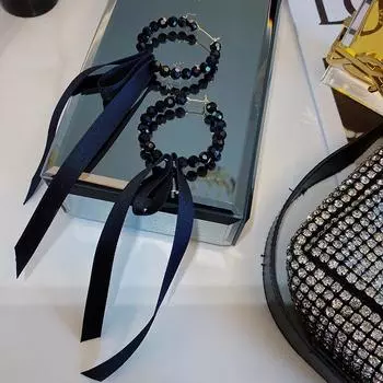 New Temperament Black Crystal Earrings Streamers Beaded Simple Long Ribbon Drop Earrings Geometric Round Shape