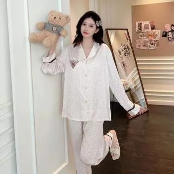 Пижама New Temperament с длинными рукавами из ледяного шелка, женский тонкий кардиган, атласный сладкий шелковый костюм, пижамный комплект M