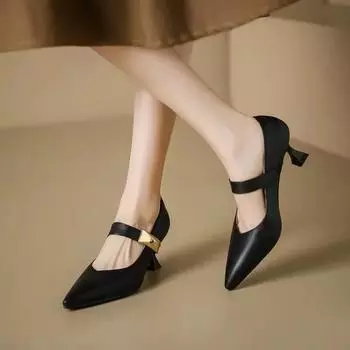 New Temperament Women Shoes Pointed Shallow Cut Single Shoes for Women Fashion Metal Decorative Slim Heels Women Shoes 35 чёрный