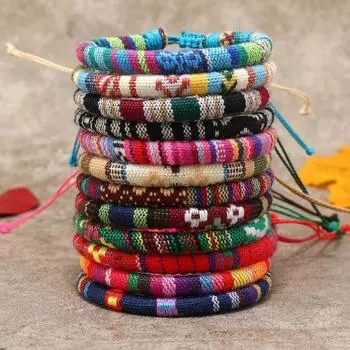 New TEMU12-piece set of hand-woven cotton and linen fabric bracelets, famous style, color versatile hand rope