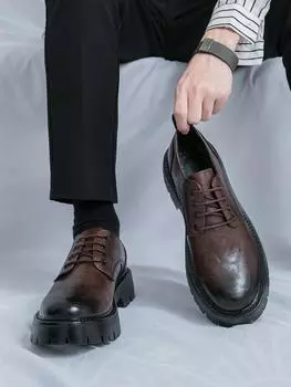 New Thick Bottom Round-Toe School Style Leather Shoes Men Lace-up Business Shoes Korea Style Fashion Shoes 38 чёрный