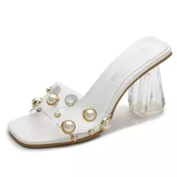 New thick heel large size square head sandals, rhinestone women s slippers for summer wear, transparent heel sandals 35