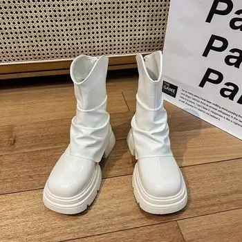 New thick heel Martin boots women s 2025 autumn and winter mid-tube boots women s round head versatile women s boots thick-soled pleated fashion trend 35