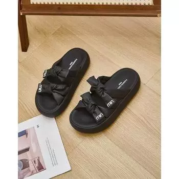 New thick-soled cool slippers for women s fashion and versatile bow open-toed women s casual one-word slippers trendy shoes 35 чёрный