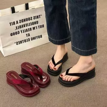 New Thick Soled Flip Flops for Summer Fashionable and Elegant for Outdoor Wear with Fairy Style Slope and Cool Sandals 35 вино красного