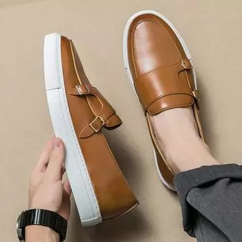New Thick Soled Loafers Men Leather Shoe Breathable Double Buckle Monk Pointed Toe Formal Shoes Black/brown Men Shoes Size 38-46 38 чёрный