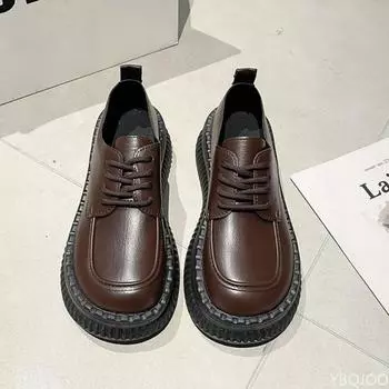 New Thick soled loafers Round toe versatile ladies pumps British style leather Shoes Fashion casual Women s high heels Zapatos 35