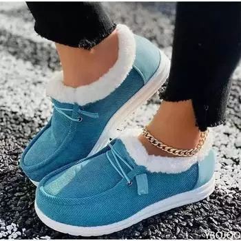 New thick soled snow boots Warm Winter Plush Loafers Ankle Female Casual Flats Ladies Solid Round Toe Cotton footwear Zapatos 36 синий