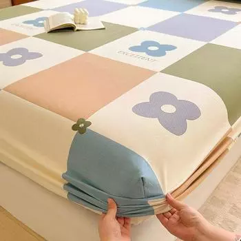 New Thickened Washed Cotton Checker Single Bed Printed Bed Cover Without Pillowcase with Elastic Sheet Set 360 Wrap Skin Bedding 90x200x30cm 1pcs