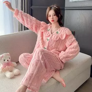 Новый утолщенный кардиган с отворотом, женские комплекты, роскошный комплект из двух предметов, плюшевая одежда для женщин, милая пижама с принтом для женщин M