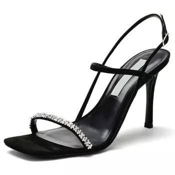 New thin heel square head sandals women s 2024 summer women s black rhinestone high heels design sense niche heels 34 чёрный