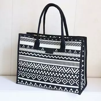 New Tote Bag Large Capacity Shoulder Bag Women Commuter Canvas Portable Shopping Bag Travel Mummy Bag Geometric pattern (black)