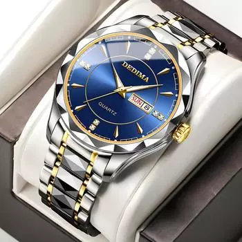Новые трендовые мужские часы, мужские водонепроницаемые, из вольфрамовой стали, стильные, с календарем, кварцевые часы, нержавеющая сталь, дата, светящиеся синие часы, деловые часы