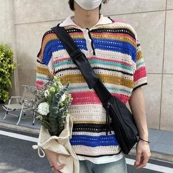 New Trendy American Retro Striped Knit Sweater with Lapel - Loose, Casual Spring/Summer Top M