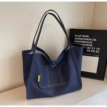 New trendy casual denim bag women s large-capacity commuter shoulder bag fashionable portable tote bag темно-синий
