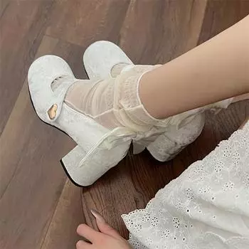 New Trendy Elegant Bowknot Girls Mary Jane Shoes Buckle Single Shoes College Style Footwear High Heel Pumps Thick Heel Shoes 35 белый