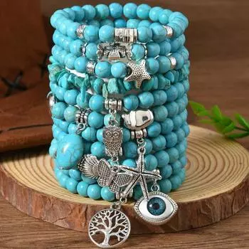 New turquoise alloy beaded elastic line men s and women s bracelets, bracelets, bracelets 11-piece set разноцветный