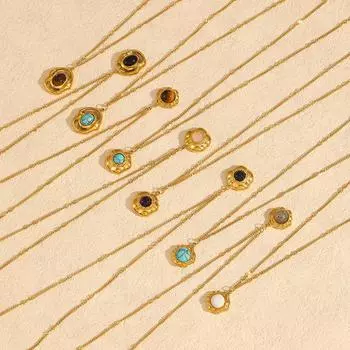 New Turquoise Necklace Titanium Steel Non-Fading Women s Fashion High Sense 18k Gold Natural Stone Stainless Steel Necklace