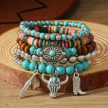 New Turquoise Wood Beads Beaded Alloy Accessories Elastic Line Men s Bracelet